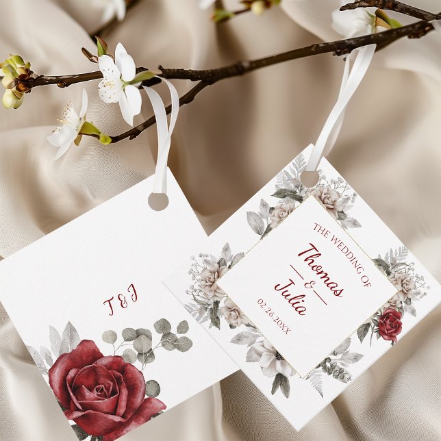 Étiquettes Cadeau Élégant Burgundy & Argent Aquarelle Favoriser les  (Elegant Burgundy & Silver Watercolor Favor Tags)