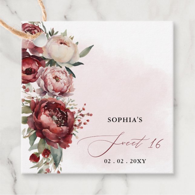 Étiquettes Cadeau Élégant Burgundy Moderne Blush Floral Sweet 16 (Devant)