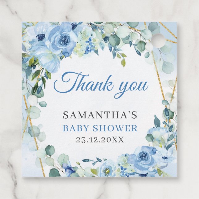Étiquettes Cadeau Elégant cadre bleu or Dusty baby shower floral (Dos)