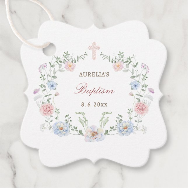 Étiquettes Cadeau Élégant cadre floral Baptême (Devant)
