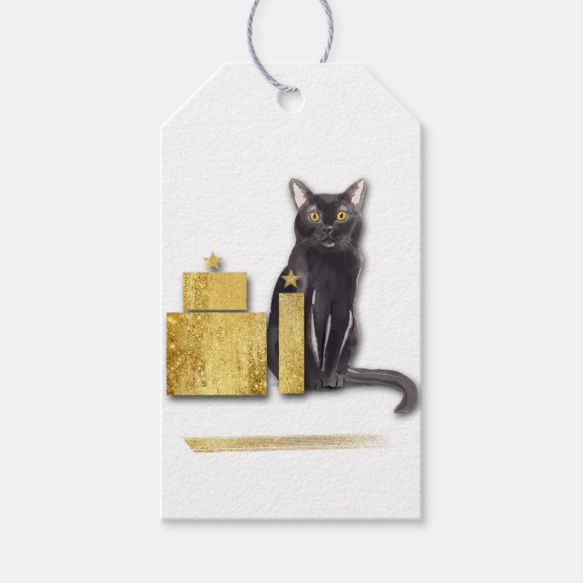 Étiquettes-cadeau Élégant chat noir avec cadeaux d'or du chat (Devant)