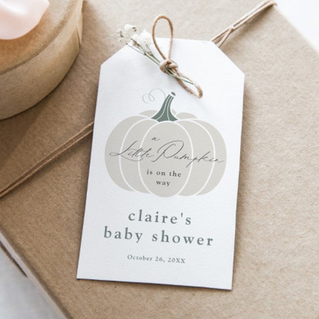 Étiquettes-cadeau Elégant Citrouille blanc Baby shower d'automne Fav (Elegant White Little Pumpkin Fall Winter Baby Shower Favor Tag.)