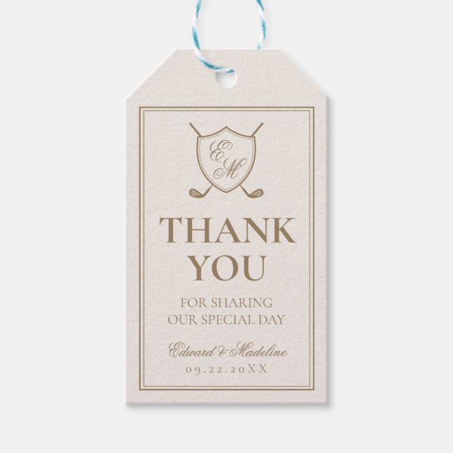 Étiquettes-cadeau Élégant Classic Crest Monogram Mariage de golf (Devant)