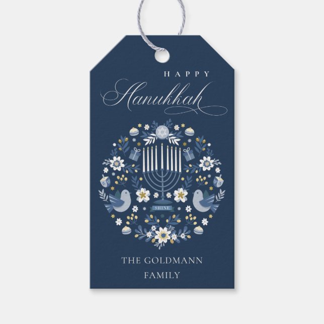 Étiquettes-cadeau Elégant Classy Navy Blue Happy Hanoukka Floral (Devant)