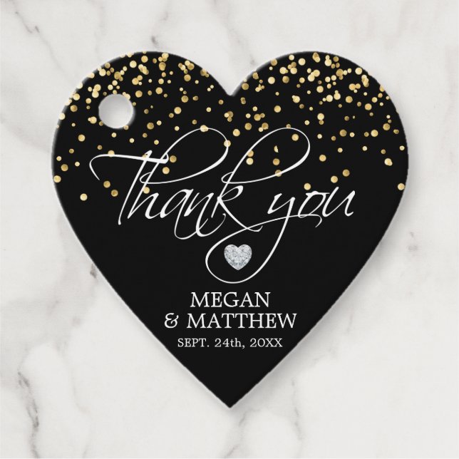 Étiquettes Cadeau Elégant Coeur Blanc Noir & Or Mariage Merci (Devant)