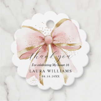 Étiquettes Cadeau Elegant Coquette Pink Gold Bow Thank you Sweet 16