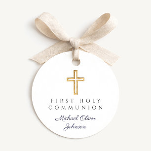 Étiquettes Cadeau Élégant Croix Bleu Marine Garçon Première Communio