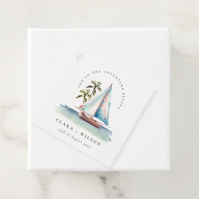 Étiquettes Cadeau Elégant Dusky Turquoise Sailboat Palm Mariage mari (En situation)