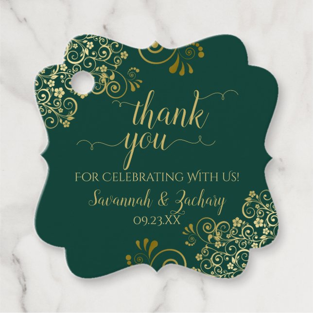 Étiquettes Cadeau Élégant Emerald Green & Gold Mariage Merci (Devant)