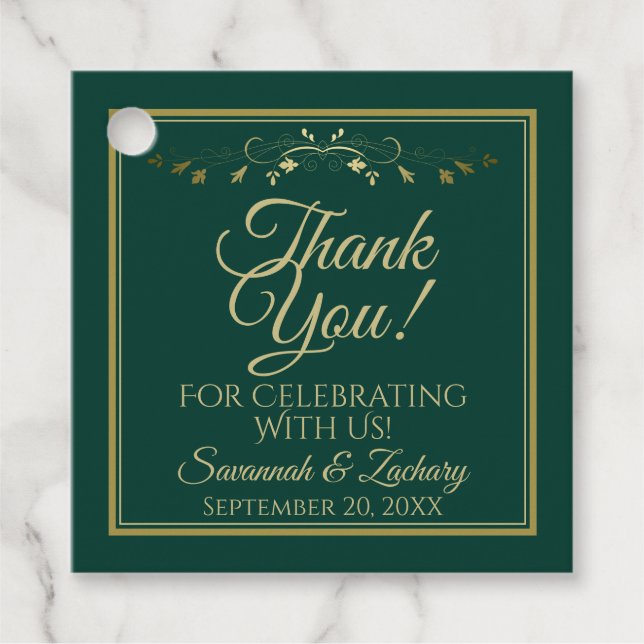 Étiquettes Cadeau Élégant Emerald Green & Gold Mariage Merci (Devant)