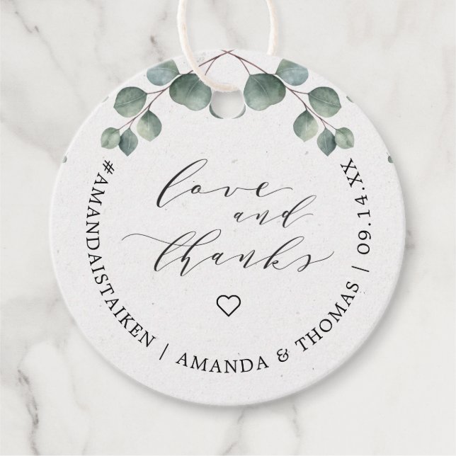 Étiquettes Cadeau Elégant Eucalyptus Aimer & Merci Monogramme (Devant)