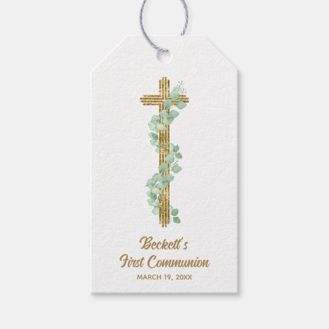 Étiquettes-cadeau Elegant Eucalyptus and Cross First Communion (Devant)