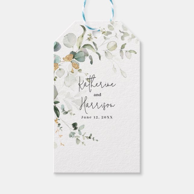 Étiquettes-cadeau Elégant Eucalyptus et Mariage de verdure or (Devant)
