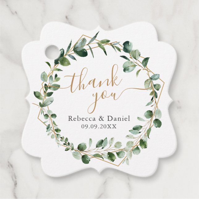 Étiquettes Cadeau Elégant Eucalyptus Gold Merci Mariage vert (Devant)