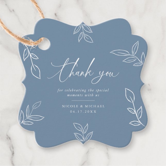 Étiquettes Cadeau Elégant Feuille Merci bleu Dusty (Devant)