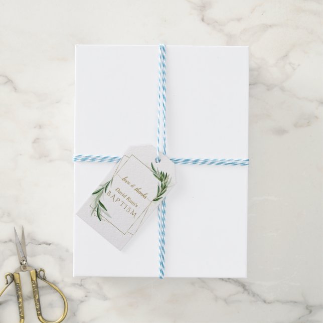 Étiquettes-cadeau Élégant Feuilles d'Olivier Gold Boy Baptême (Avec de laficelle)