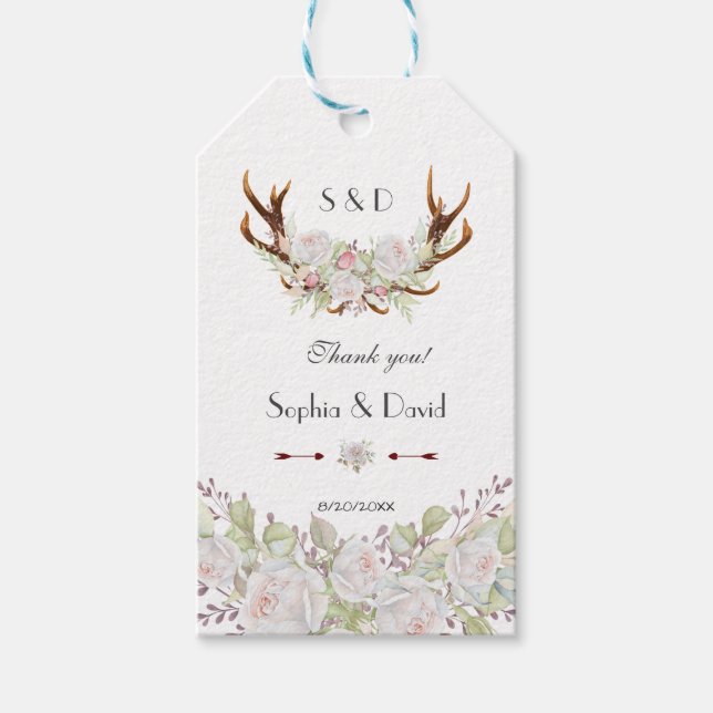 Étiquettes-cadeau Elégant Fleurs blanches Antlers Monogram Mariage (Devant)