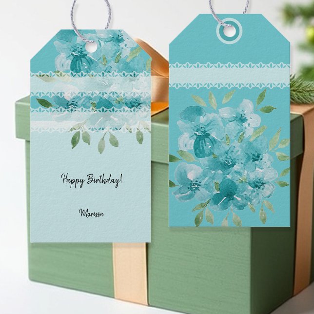 Étiquettes-cadeau Elégant Fleurs sauvages d'aquarelle bleu Dusty (Créateur téléchargé)