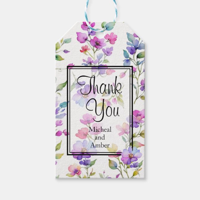 Étiquettes-cadeau Élégant fleurs sauvages d'aquarelle rose violet (Devant)