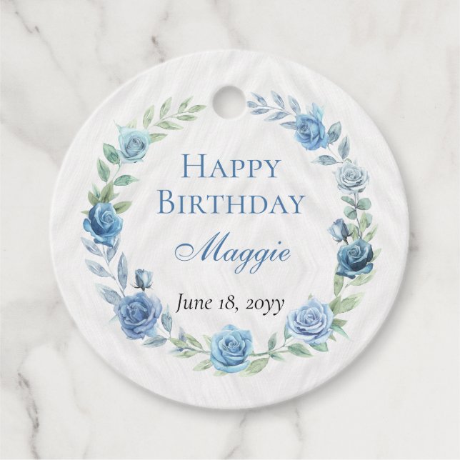 Étiquettes Cadeau Elégant Floral Bleu Joyeux anniversaire (Devant)