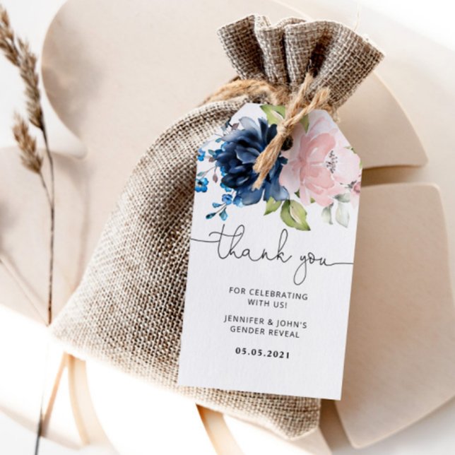 Étiquettes-cadeau Elégant Floral Marine rose genre révéler la balise (Créateur téléchargé)