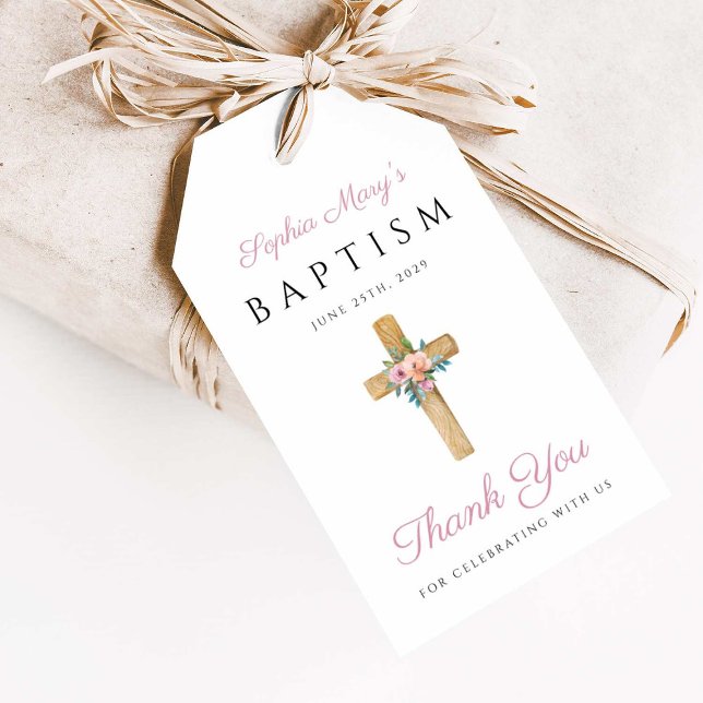 Étiquettes-cadeau Élégant Floral Moderne Religieux Croix Baptême (Elegant Modern Floral Religious Cross Baptism Gift Tags)