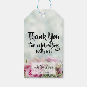 Étiquettes-cadeau Élégant floral rose sur Merci Mariage Turquoise