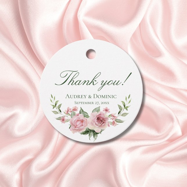 Étiquettes Cadeau Élégant Floral Rustique Botanique Rose Roses Maria (Elegant floral rustic wedding favor tags featuring delicate pink watercolor roses and calligraphy)