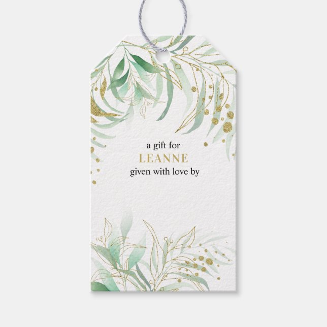 Étiquettes-cadeau Élégant Foliage Vert et Gold Display Douche (Devant)