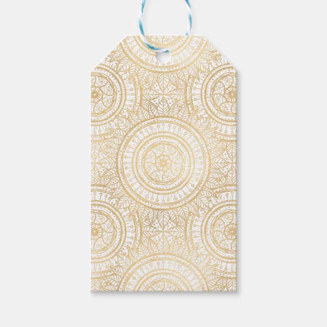 Étiquettes-cadeau Elegant Gold Mandala Sunflower White Pattern (Devant)
