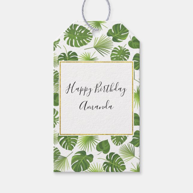 Étiquettes-cadeau Elégant Green Tropical Feuille Motif Anniversaire (Devant)