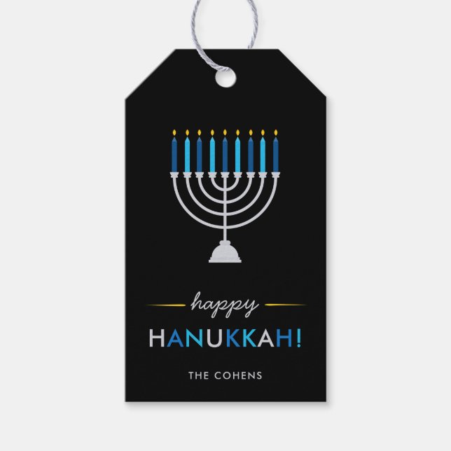 Étiquettes-cadeau Elégant Happy Hanoukka Black avec Menorah Argent (Devant)