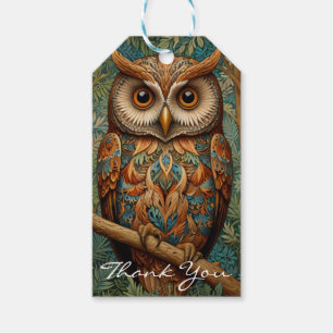 Étiquettes-cadeau Élégant hibou rétro boho bohème bohème forêt verte