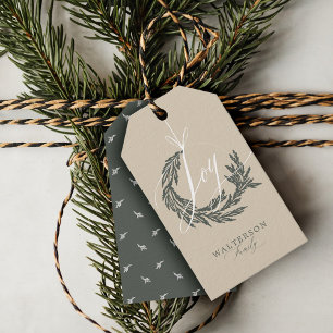 Étiquettes-cadeau Elegant Joy Calligraphy Garland Wreath Nom de fami
