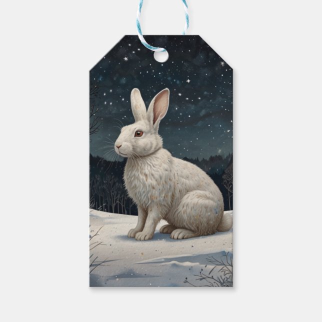 Étiquettes-cadeau Elégant lapin blanc Noël forêt enneigée (Devant)