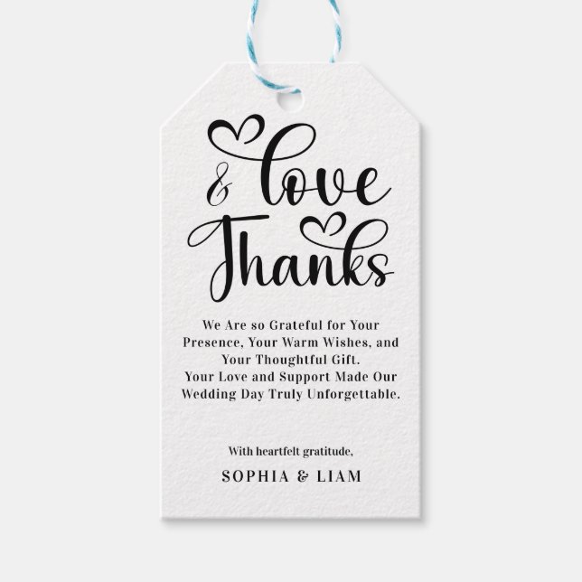 Étiquettes-cadeau Elegant Love and Thanks Heart Script Wedding  (Devant)