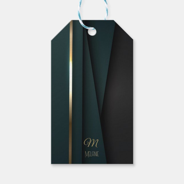 Étiquettes-cadeau Élégant Luxueux Dark Green Gold Monogramme Nom (Devant)