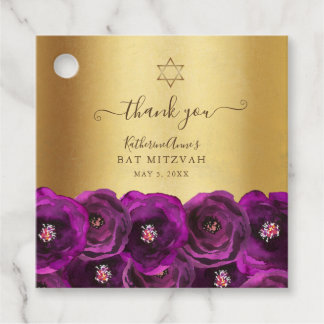 Étiquettes Cadeau Elegant Magenta Floral Gold Bat Mitzvah Thank You