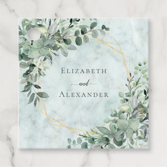 Étiquettes Cadeau Elégant marbre Eucalyptus Mariage or verdure (Devant)