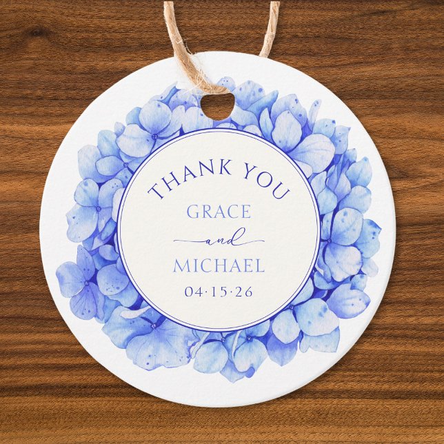 Étiquettes Cadeau Élégant Mariage à fleurs bleu Hydrangea (Elegant hydrangea wedding favor tag with customizable names and date – perfect for thank you gifts.)