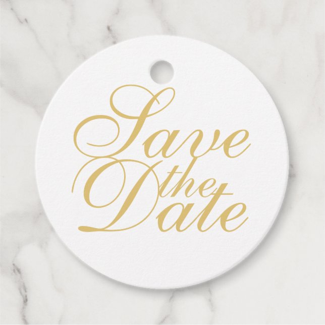 Étiquettes Cadeau Élégant mariage blanc et or Enregistrer la date (Devant)