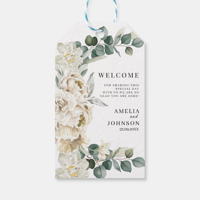 Étiquettes-cadeau Elégant mariage blanc floral bienvenue (Dos)