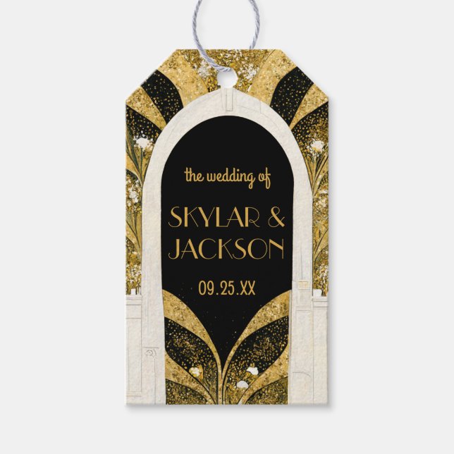Étiquettes-cadeau Elégant Mariage d'arcade Art déco noir et or (Devant)