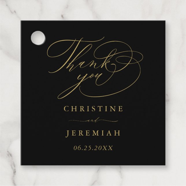 Étiquettes Cadeau Élégant Mariage de Merci de script Black Gold (Devant)