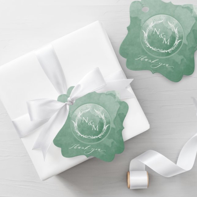Étiquettes Cadeau Élégant Mariage de monogramme vert d'aquarelle (Créateur téléchargé)