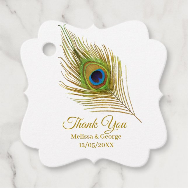 Étiquettes Cadeau Elégant Mariage de plumes de paon Merci (Devant)