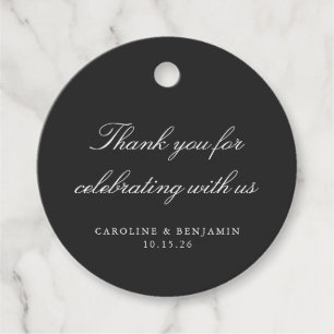 Étiquettes Cadeau Élégant Mariage de script noir Merci personnalisé