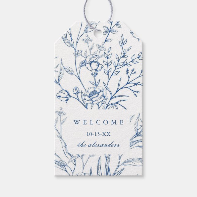 Étiquettes-cadeau Elégant Mariage Floral Bleu Bienvenue (Devant)
