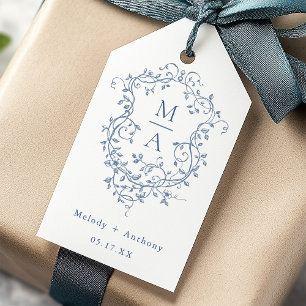 Étiquettes-cadeau Élégant Mariage Floral bleu français