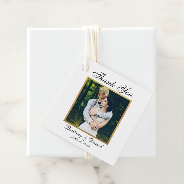 Étiquettes Cadeau Elégant mariage Merci photo Gold Frame (En situation)